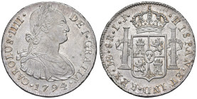 Perù. Carlo IV di Spagna (1788-1808). Da 8 reales 1794 (Lima; sigle I-J) AG gr. 27,08. KM 97. q.FDC