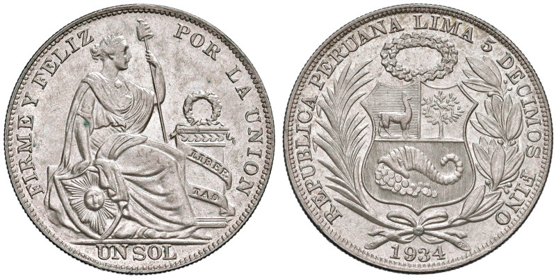 Perù. Repubblica (1821-). Sol 1934 (Philadelphia) AG. KM 218.2. q.FDC