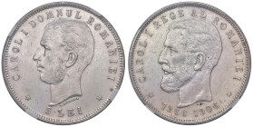 Romania. Carlo I (1866-1914). Da 5 lei 1906 (Bruxelles) AG. 40° anniversario di regno. Davenport 275. KM 35. In slab Classical Coin Grading AU 55, cer...