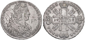 Russia. Pietro II (1727-1730). Rublo 1728 (Kadashevsky) AG gr. 27,98. Bitkin 76. Davenport 1668. Raro. Screpolature del metallo al dr. e graffietti al...