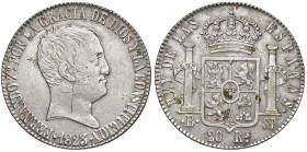 Spagna. Ferdinando VII (1808 e 1813-1833). II regno, 1813-1833. Da 20 reales 1823 (Barcellona; sigle S-P) AG. Calicò 369. KM 563.1. Graffito al dr., a...