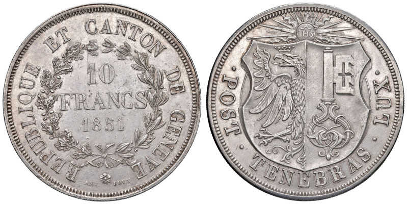 Svizzera. Repubblica e Cantone di Ginevra. Da 10 franchi 1851 (Ginevra) AG. HMZ ...