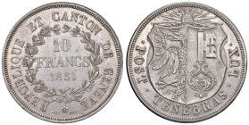 Svizzera. Repubblica e Cantone di Ginevra. Da 10 franchi 1851 (Ginevra) AG. HMZ 2-363b. Tiratura di 1.000 esemplari. Rara. Colpetto sul ciglio alle or...