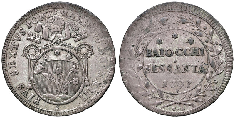 Pio VI (1775-1799). Roma. Da 60 baiocchi 1797 anno XXIII MI gr. 16,82. Muntoni 6...