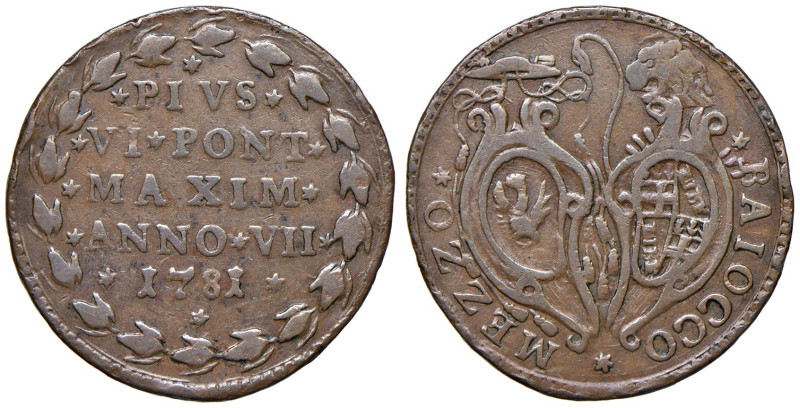 Pio VI (1775-1799). Bologna. Mezzo baiocco 1781 anno VII CU gr. 5,58. Muntoni 26...