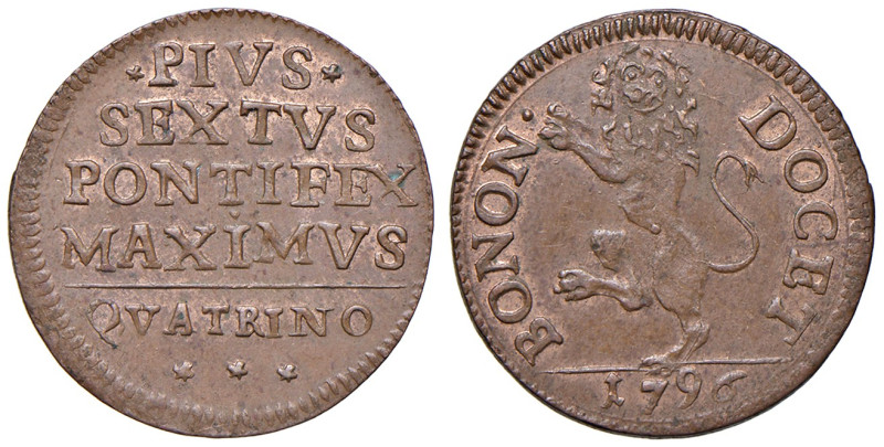 Pio VI (1775-1799). Bologna. Quattrino 1796 CU gr. 2,42. Muntoni 301a. Berman 30...