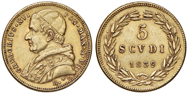 Gregorio XVI (1831-1846). Roma. Da 5 scudi 1839 anno VIII AV. Pagani 180. MIR 31...