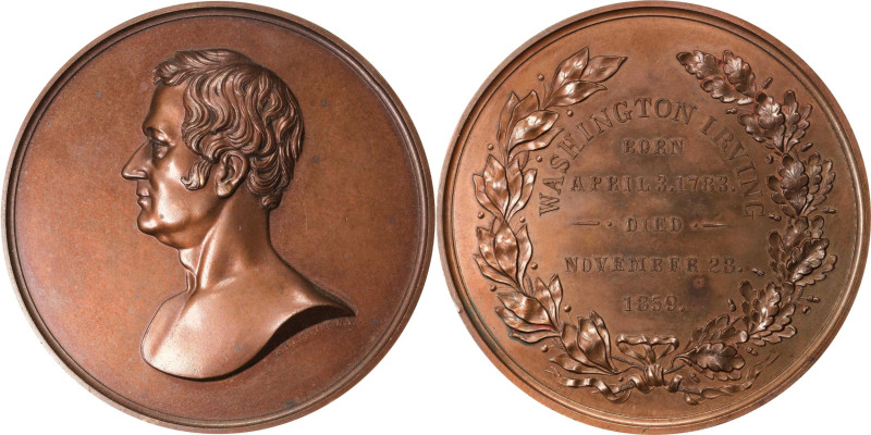 "1859" Washington Irving Memorial Medal. By A.I. Henning. Copper, Bronzed. Mint ...