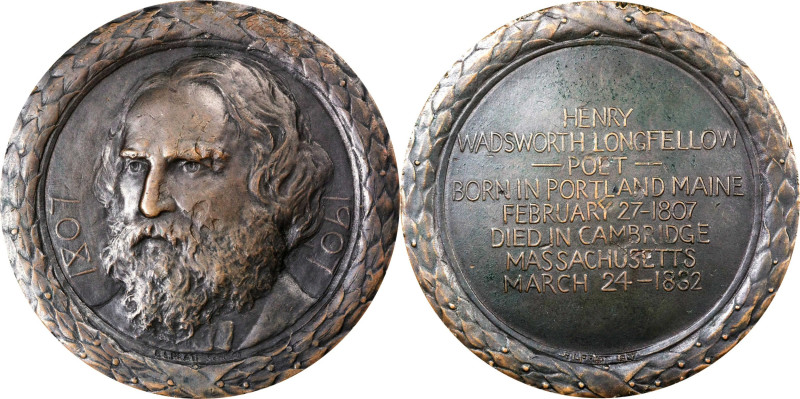 1907 Henry Wadsworth Longfellow Birth Centennial Medal. By Bela Lyon Pratt. Baxt...