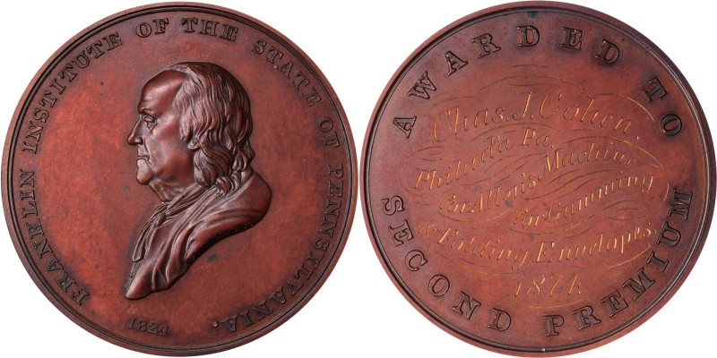 1874 Franklin Institute Second Premium Award Medal. Harkness Pa-50, Julian AM-18...