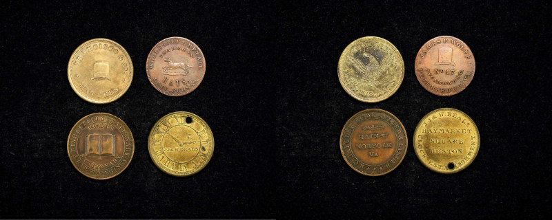 Lot of (4) Merchant Tokens.
Included are: MASSACHUSETTS: Miller-Mass 20, About ...