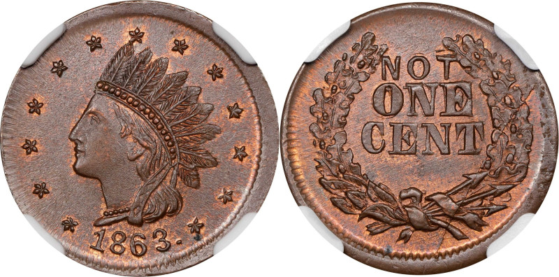 1863 Indian Head / NOT ONE CENT. Fuld-63/366 a. Rarity-1. Copper. Plain Edge. MS...