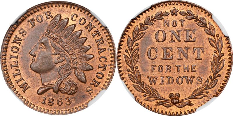 1863 Indian Head / NOT ONE CENT FOR THE WIDOWS. Fuld-97/389 a. Rarity-2. Copper....