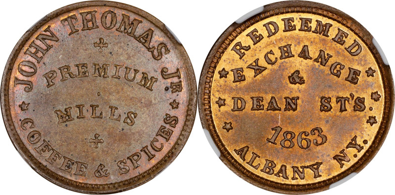 NEW YORK. Albany. 1863 John Thomas, Jr. Fuld-010G-1a. Rarity-1. Copper. Plain Ed...