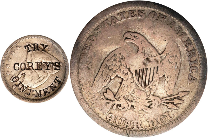 TRY / COREY'S / OINTMENT on the obverse of an 1857 Liberty Seated quarter. Brunk...