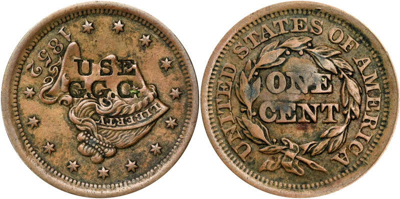 NEW HAMPSHIRE. Exeter. USE / G.G.G. on the obverse of an 1852 Braided Hair cent....