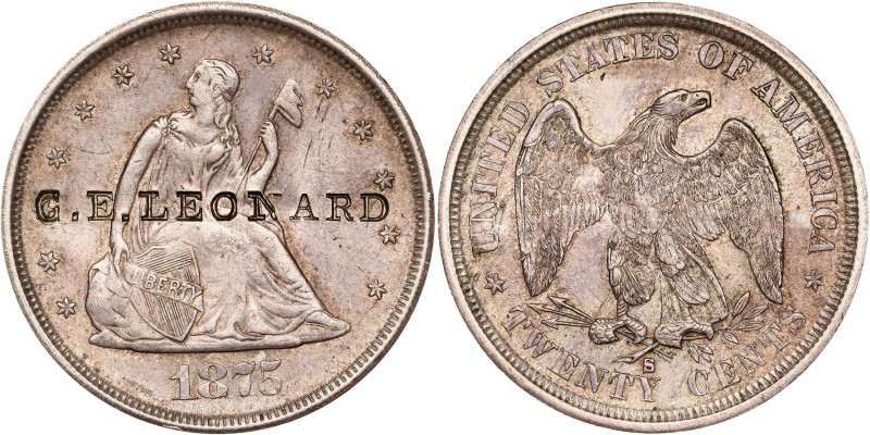 C.E. LEONARD on the obverse of an 1875-S twenty-cent piece. Brunk-Unlisted, Rula...