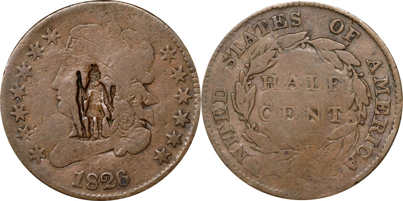 (Massachusetts Indian) on the obverse of an 1826 Classic Head half cent. Brunk-U...