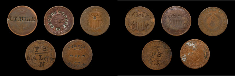 Lot of (5) Unlisted Counterstamps on Two-Cent Pieces.
All counterstamps are dif...