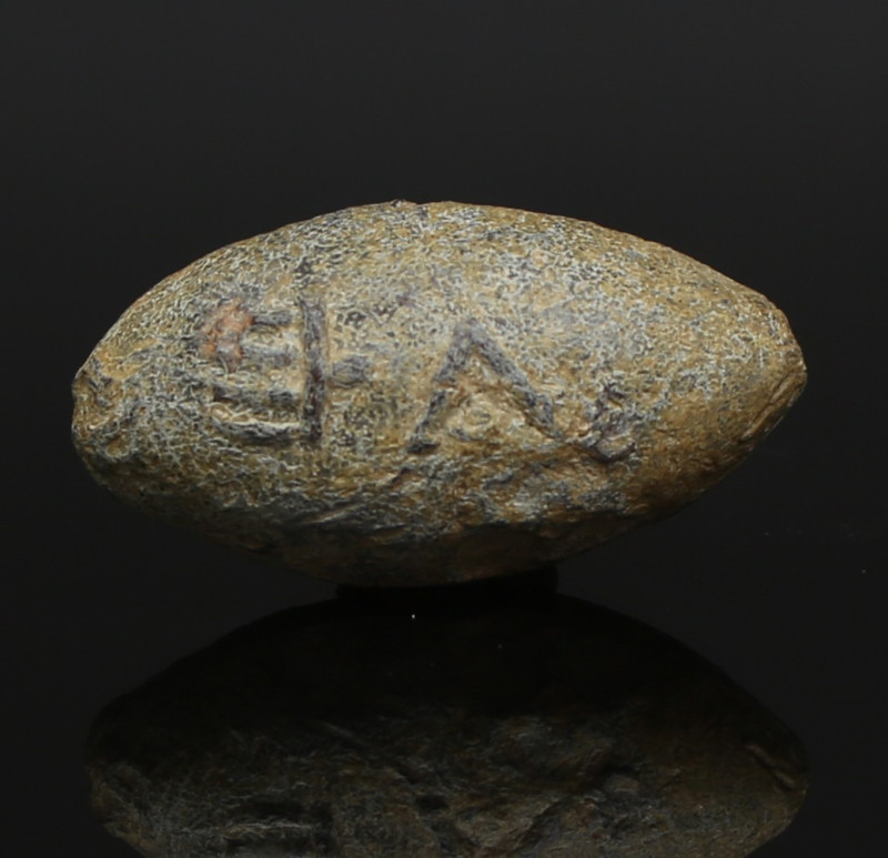 ITEM: Sling bullet with inscription 'EYBOYLIDAS' and Fork
MATERIAL: Lead
CULTU...