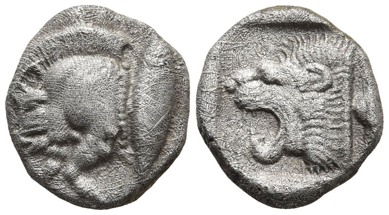 MYSIA. Kyzikos. (Circa 450-400 BC).
AR Diobol (10mm 1,14g)
Obv: Forepart of bo...