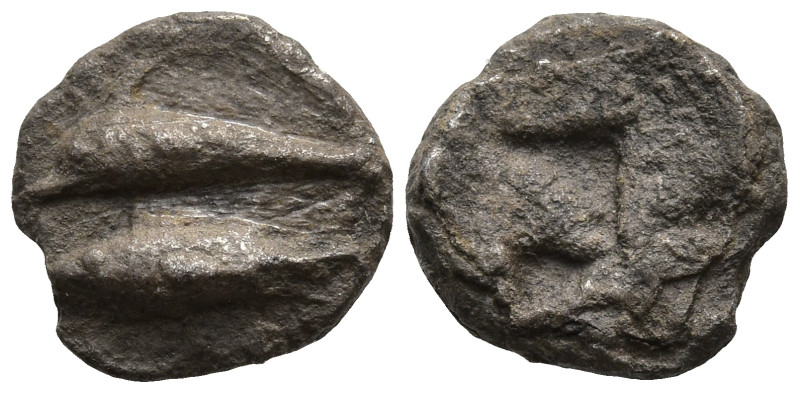 MYSIA. Kyzikos. (Circa 550-480 BC)
AR Obol (9,5mm 0,54g)
Obv: Dolphin left abo...