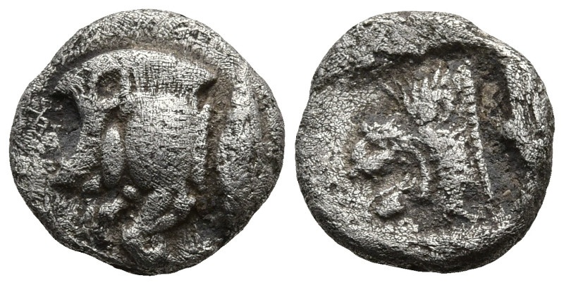 MYSIA. Kyzikos. (Circa 450-400 BC)
AR Obol (7,9mm 0,54g)
Obv: Forepart of boar...