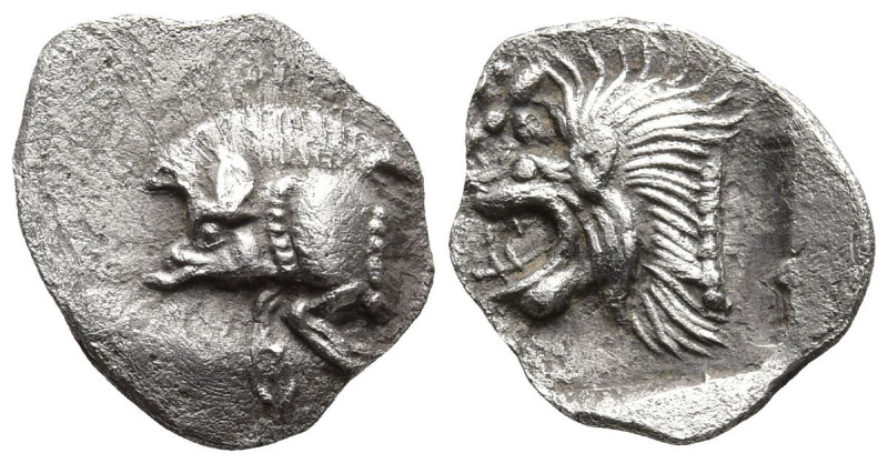 MYSIA. Kyzikos. (Circa 450-400 BC).
AR Hemiobol (9.3mm 0.38g)
Obv: Forepart of...