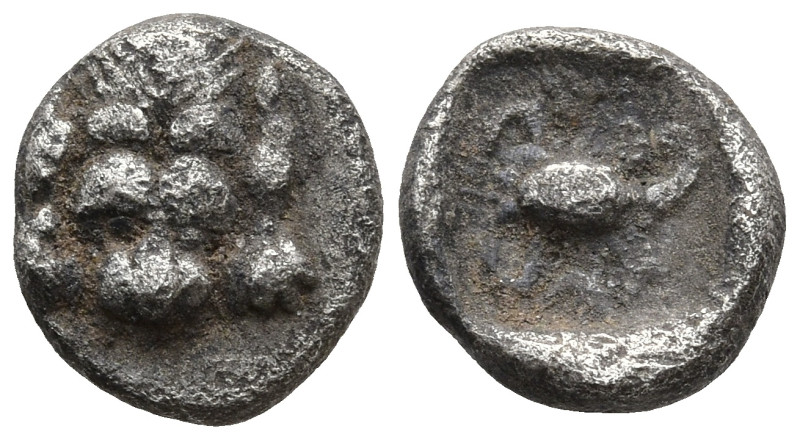 CARIA. Mylasa. (Circa 450-400 BC).
AR Obol (7,9mm 0,58g)
Obv: Facing forepart ...