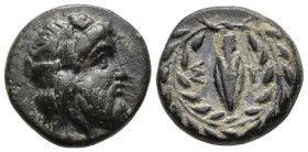 CARIA. Syangela. (Circa 350-320 BC)
AE Bronze (9mm 0.93g)
Obv: Laureate head of Zeus to right.
Rev: Σ - Y. Arrowhead within wreath tied below.
Kle...