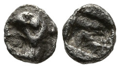 IONIA. Teos. (Circa 540-500 BC)
AR Hemitetartemorion (4mm 0,08g)
Obv: Head of griffin to left
Rev: Incuse square
Very Rare