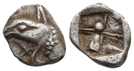 IONIA. Teos. (Circa 540-500 BC)
AR Tetartemorion (6,1mm 0,23g)
Obv: Head of griffin to left
Rev: Quadripartite incuse square with central pellet.
...