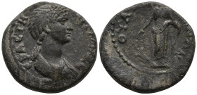 LYDIA. Thyateira. Matidia. Augusta, (AD 112-119)
AE Bronze (18,2mm 3,3g)
Obv: Draped bust right
Rev: Tyche standing left, holding rudder and cornuc...