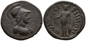 LYDIA. Thyateira. Pseudo-autonomous. (Circa 218-235 AD).
AE Bronze (20,4mm 2,71g)
Obv: Draped bust of Athena, wearing Corinthian helmet, right, with...