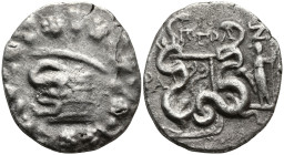 LYDIA. Tralles. (Circa 127 BC)
AR Cistophoric Tetradrachm (25mm 11,75g)
Obv: Cista mystica with serpent; all within ivy wreath
Rev: Bowcase between...