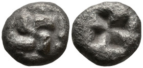 IONIA. Uncertain. (Circa 625-600 BC)
AR 1/12 Stater or Diobol (12,mm 1,2g).
Obv: Swastika; above, two pellets; (or more that are off flan?)
Rev: Qu...