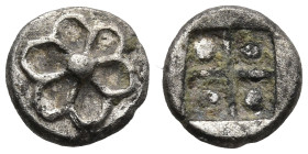 ASIA MINOR. Uncertain. (Late 6th-early 5th century BC)
AR Hemiobol (7mm 0.4g)
Obv: Stylised blossom with six petals.
Rev: Quadripartite incuse punc...