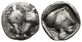 LESBOS. Uncertain mint. Circa 500-450 BC.
AR Obol (8,3mm 0,41g)
Obv: Confronted heads of two boars.
Rev: Head of Athena to right, wearing Corinthia...