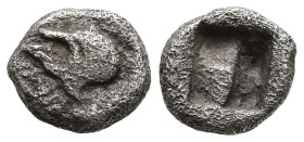 IONIA. Uncertain. (5th century BC).
AR Tetartemorion (5.2mm 0.16g)
Obv: Corinthian helmet to left
Rev: Quadripartite incuse square.
Nomos obolos 2...