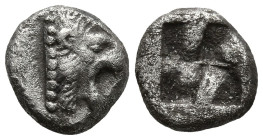 THRACO-MACEDONIAN REGION. Uncertain. (5th century BC).
AR Hemiobol (6.6mm 0.37g).
Obv: Head of a roaring lion to right.
Rev: Quadripartite incuse s...