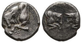 CARIA. Uncertain. (5th century BC)
AR Hemiobol (7mm 0,38g)
Obv: Confronted foreparts of two bulls.
Rev: Forepart of a bull to left; between his hoo...