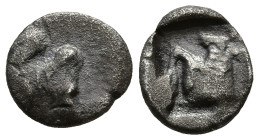 CARIA. Uncertain. (Circa 5th century BC).
AR Tetartemorion (5,8mm 0,14g)
Obv: Forepart bull right
Rev: Forepart of bull left
Cf. SNG Kayhan 968-70