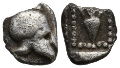 TROAS. Uncertain. (5th century BC)
AR Tetartemorion (5,8mm 0,24g)
Obv: Crested Corinthian helmet right.
Rev: Amphora within dotted square.
SNG Ari...