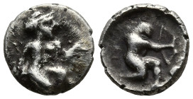 CILICIA. Uncertain. (4th century BC)
AR Hemiobol (7,5mm 0,36g)
Obv: Female seated right; bird standing right on her left arm
Rev: Herakles kneeling...