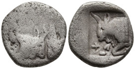 CARIA. Uncertain. (5th century BC).
AR Diobol (13.3mm 2.06g)
Obv: Confronted foreparts of two bulls.
Rev: Forepart of bull left within incuse squar...