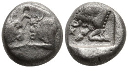 CARIA. Uncertain. (5th century BC).
AR Diobol (105mm 2.17g)
Obv: Confronted foreparts of two bulls.
Rev: Forepart of bull left within incuse square...