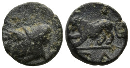 ASIA MINOR. Uncertain mint (Temnos?). (Circa 350-250 BC)
AE Bronze (9,4mm 0,65g)
Obv: Head of Kabeiros to left, wearing conical laureate pilos
Rev:...