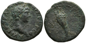 Uncertain. Trajan (98-117 AD).
AE Bronze (17.2mm 3g)
Obv: ΑΥΤ ΚΑ ΝΕΡ ΤΡΑΙΑΝΟϹ ΑΡΙ ϹΕ Γ Δ. LAureate head of Trajan, right
Rev: Cornucopia on globe, ...