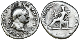 Vespasian (69-79 AD). Rome
AR Denarius (17.5mm 3.27g)
Obv: CAESAR VESPASIANVS AVG. Laureate head right.
Rev: ANNONA AVG. Annona seated left on thro...