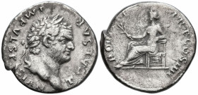 Titus, as Caesar (69-79 AD). Rome
AR Denarius (18.9mm 3.17g)
Obv: T CAESAR IMP VESPASIAN Laureate head of Vespasian to right.
Rev: PONTIF TR P COS ...